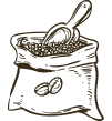 Vintage-style illustration of roasted coffee beans spilling from a burlap sack with a wooden scoop