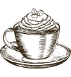Hand-drawn vintage sketch of a coffee cup with whipped cream and coffee bean garnish