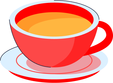 Red cup of hot tea illustration on saucer representing fresh chai beverage.