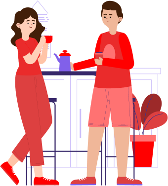 Flat illustration of a man and woman in red clothing having coffee or tea in a kitchen.