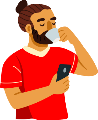 Flat vector illustration of a man with a beard and hair bun drinking from a small cup while holding a smartphone on a transparent background.