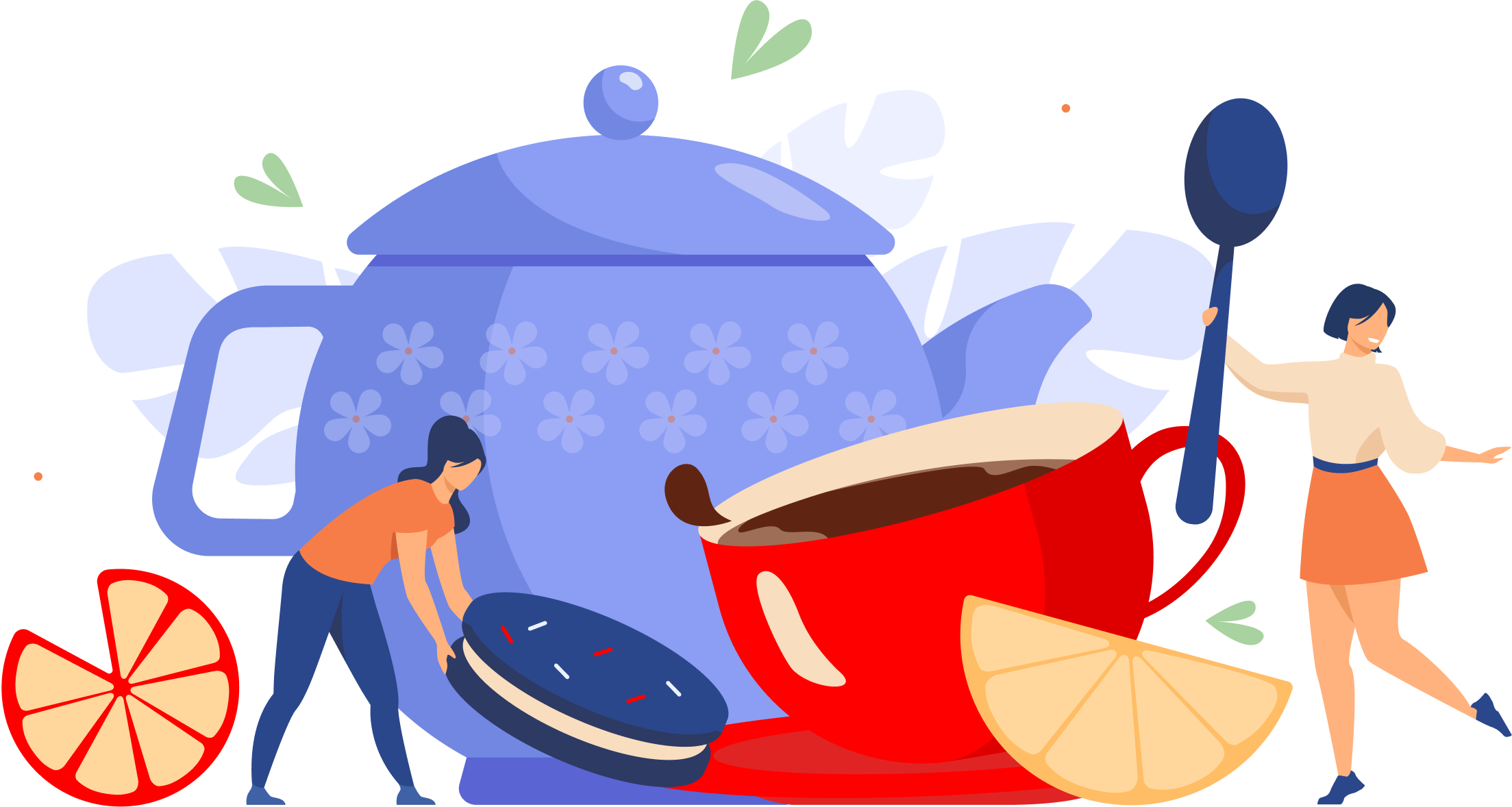 Flat vector illustration of a large purple teapot and red tea cup with characters holding a giant cookie and spoon on a transparent background.