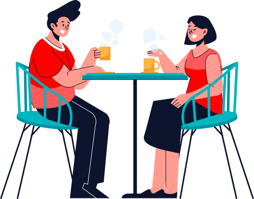 Flat vector illustration of a man and woman sitting at a teal cafe table drinking hot tea and chatting on a transparent background.